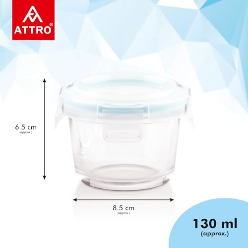 Image of ATTRO Glassox borosilicate Mini Round Glass food container with lock lid Small Food Container Air-Tight Leak-proof Bpa-Free Food Grade- 130ml Set of 2