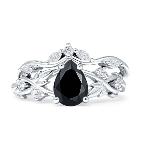Two Piece Pear Teardrop Natural Black Onyx Leaf Infinity Twisted Curved Band Bridal Set Vintage Style Wedding Engagement Ring 925 Sterliing Silver