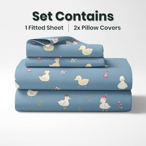 Image of LORETO - A QUALITY LINEN BRAND 144 TC 100% Pure Cotton King Size Fitted Bedsheet with 2 Pillow Covers for 72 x 72 Inch Mattress, All-Around Elastic, 8 Inch Deep Pocket, Pastel Blue Duck Party