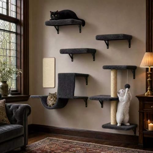 Estantes de pared para gatos 6 en 1 de madera negro miniatura 1