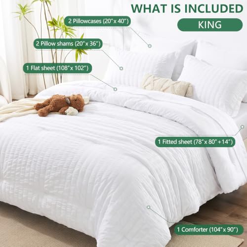 Image of HIMEET King Size Comforter Set - 7 Pieces Seersucker Bed in a Bag, Boho Bedding Sets for Bedroom Decor, All Season Home Essential Bed Set with Comforter, Sheets, Pillowcases & Shams, White