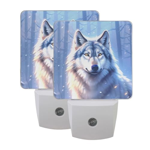 Image of Wolf Winter Forest Night Lights 2 Pack Plug-in Wall Led Nightlight Auto Dusk-to-Dawn Sensor Lamps for Bedroom Kitchen Bathroom Hallway Stairs