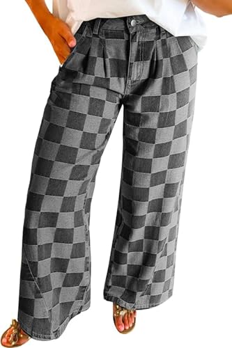 yoeasy Women's Wide Leg Jeans Checkered High Waisted Straight Leg Baggy Loose Stretch Plaid Casual Denim Pants