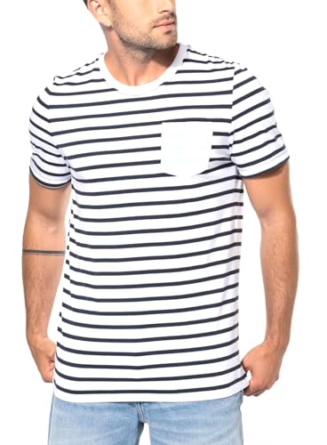 T-Shirt Marinière Rayé Blanc et Bleu Marine Coupe Classique Col Rond