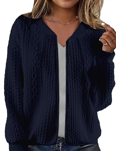 Image of WROLEM Women's Zip Up Cardigan Sweater Cable Hoodies Long Sleeve Jacket Outfits Crewneck Casual Coat