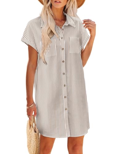 Image of Zeagoo Summer Dresses for Women 2026 Cotton Button Down Short Sleeve Tshirt Dresses Casual Mini Beach Dress