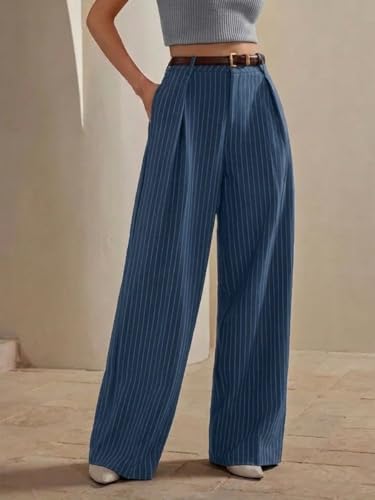 Image of KOTTY Women's Tailored Wide Leg Pinstripe Pants - High Waisted Straight Fit Work Trousers with Pockets, Elegant Office & Business Casual Wear