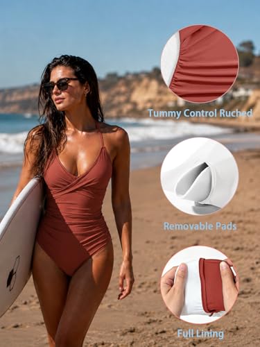 Image of B2prity Women's One Piece Swimsuit Tummy Control Front Cross Bathing Suit | Slimming Ruched ,Tie Back,Wrap Front,Adjustable Straps,Soft Removable Cups for beach, pool and vacation wear