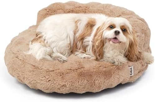 EHEYCIGA Small Dog Bed and Cat Couch for Puppy and Kitten - Fluffy Faux Rabbit Fur Pet Sofa with Washable Removable Cover, Waterproof and Non-Slip, 23 Inch, Camel
