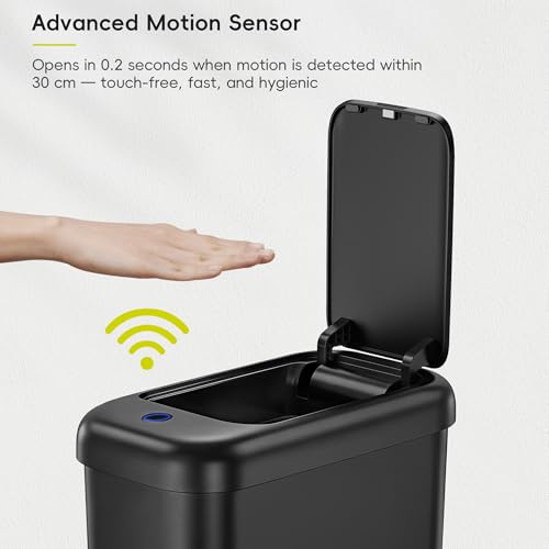 Image of EKO Morandi Slim Automatic Bathroom Trash Can with Lid, 2.6 Gallon Touchless Garbage Can, Waterproof Motion Sensor Trash Bin for Bathroom, Office, Black
