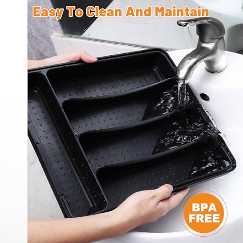 Silverware Drawer Organizer, Expandable Kitchen Drawer Organizer Utensil Drawer Organizer Cutlery Drawer Adjustable Utensil Tray Flatware Tray for Forks Spoons Knife Organizer(Large, Black)