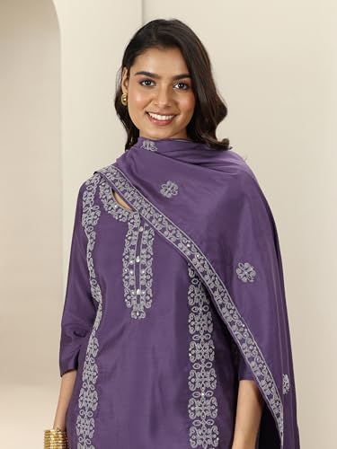 Image of Libas Womens Embroidered Silk Blend Straight Kurta with Palazzos and Dupatta