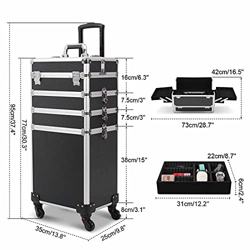 Camorsa 4 In 1 Rolling Makeup Train Case, Large Storage Cosmetic Trolley Makeup Travel Case With Key & Wheels Salon Barber Case Traveling Cart Trunk (Black) (0057) #TOP2