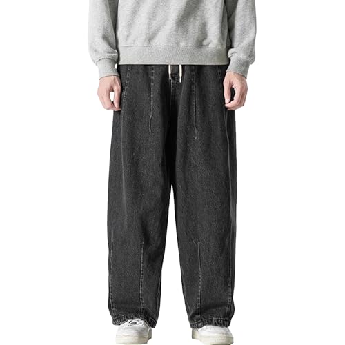Men Baggy Jeans Wide Leg Jeans Men Hip Hop Straight Streetwear Drawstring Elastic Waist Relaxed Fit Long Trousers