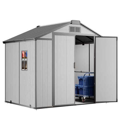 WACASA 8x6x7 FT Outdoor Storage Shed with Floor, 18-Gauge Heavy-Duty Reinforced Galvanized Steel Frame,300 Cu.Ft Resin Sheds, Weatherproof Wall Panels,Skylight,Windows,Lockable Door, Grey Black