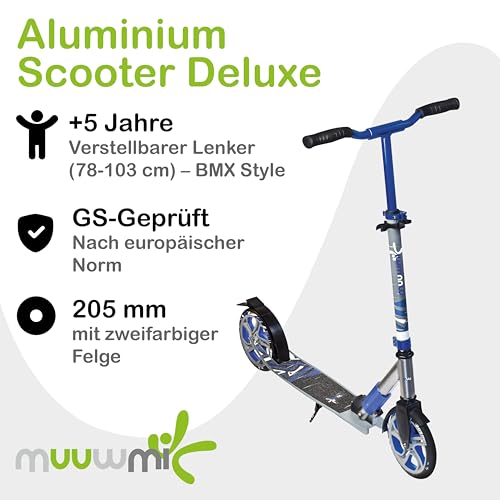 muuwmi Aluminium Scooter Deluxe - Tretroller, 205 mm, ABEC 7, f&uuml;r Kinder und Erwachsene, GS gepr&uuml;ft, h&ouml;henverstellbar, grau-blau