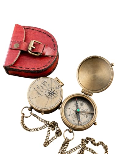 Brújula de bolsillo vintage de latón grabado con estuche de cuero y cadena – brújula funcional para senderismo, regalo para hombres, mujeres, viajeros, graduaciones y cumpleaños miniatura 1