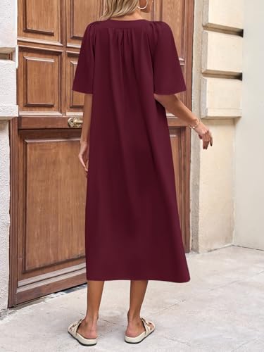Image of Wenrine Womens Casual Maxi Dress Short Sleeve Loose Flowy Summer Dresses | flutter sleeve, v neck, loose fit, slit, long summer dress, beach, vacation