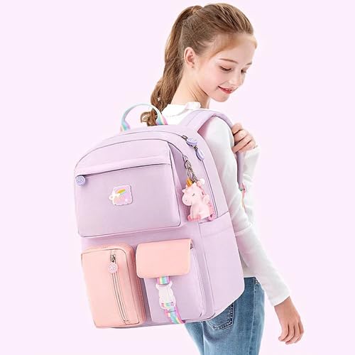 Kawaii Lightweight Backpack Large Capacity Book Rucksack with Pendant Comfortable Wide Shoulder Strap Backpack (Blue-Purple,Small)2
