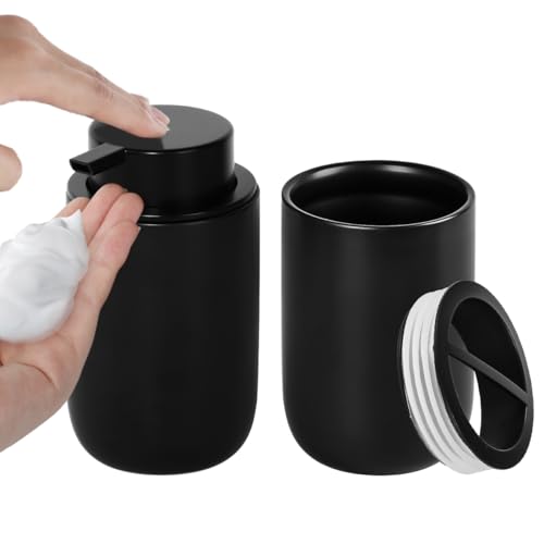 Fvstar Soap Dispenser and Toothbrush Holder Set,Foaming Hand Soap Dispenser with Large Pump,Toothbrush Toothpaste Holder with Divider, Matte Black Bathroom Accessories Set