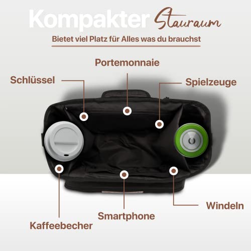 elb finesse ® Premium Kinderwagen Organizer I Wasserabweisender Buggy Organizer inkl. Schultergurt I Kinderwagen Taschen I Kinderwagen Zubehör I Getränkehalter Kinderwagen (Schwarz)