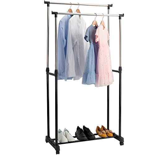 Retoo Kleiderständer, Doppel, Kleiderstange auf Rollen, mit ausziehbarer Garderobenständer, Unter Gestell für Mäntel, Röcke, Hemden, Pullover, Schwarz, Garderobenstange, Freistehender Kleiderbügel