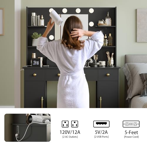 Image of Wodeer Makeup Vanity Desk with Mirror and Lights, 43 inch Black Vanity Set with 3 Drawers, Power Outlet & Adjustable RGB LED Lights, Dressing Table with Storage Shelf for Women & Girls Bedroom