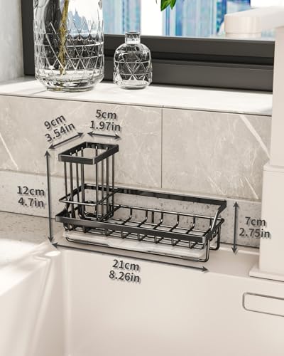 SWTYMIKI Sink Caddy Sponge Holder - Kitchen Sink Organizer with High Brush Holder for Countertop by The Sink Holding Dish Soaps and Sponges, Stainless Steel, Black