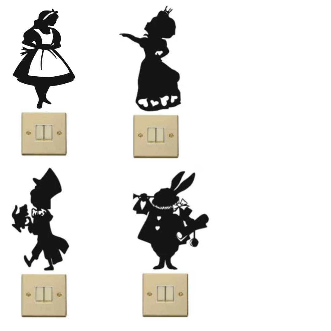Babc Black 4 X Wall Decal, Alice In Wonderland, White Rabbit, Mad Hatter, Queen Of Hearts (Small)