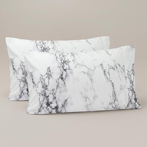 Image of Elegant Comfort Luxury Ultra-Soft 2-Piece Pillowcase Set - 1500 Premium Hotel Quality Microfiber Double Brushed - Wrinkle Resistant, King Size, Marble Pattern White