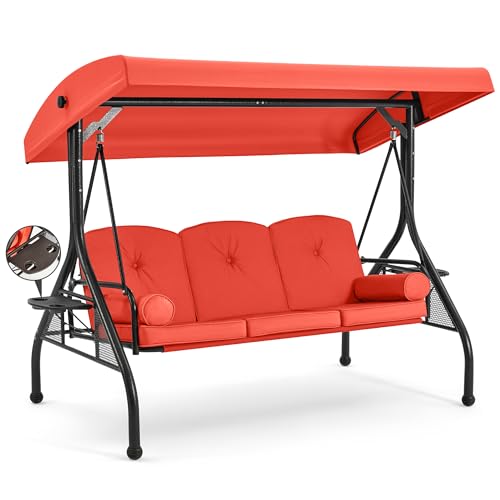 Image of HOMREST 3 Seat Outdoor Porch Swing with Adjustable Canopy, Convertible Patio Swing Bed with Stand, Patio Glider Swing with Upgraded Cup Holder, Thicken Cushions ＆ Pillow for Backyard(Orange)