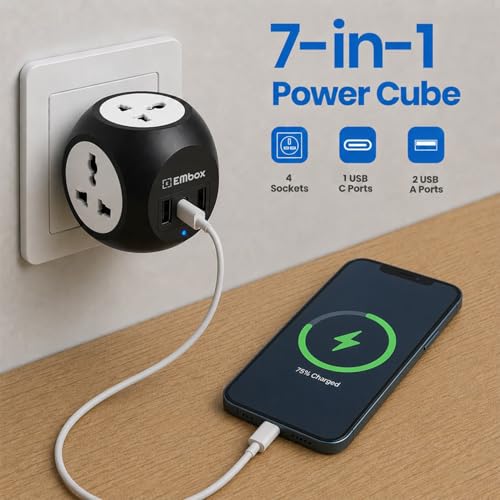 EMBOX Multi Plug Adapter with USB Ports, Type-C, Black - Image 3