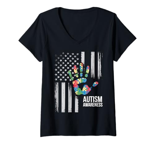 Femme Autism Awareness Mom Dad USA flag Autistic Awareness Autism T-Shirt avec Col en V