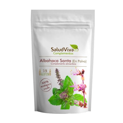 Albahaca santa Tulsi en polvo ecológica SaludViva 80 g | Complemento ayurvédico alto en fibra y proteínas | Ideal para preparar té de Tulsi, infusiones y mezclas de hierbas