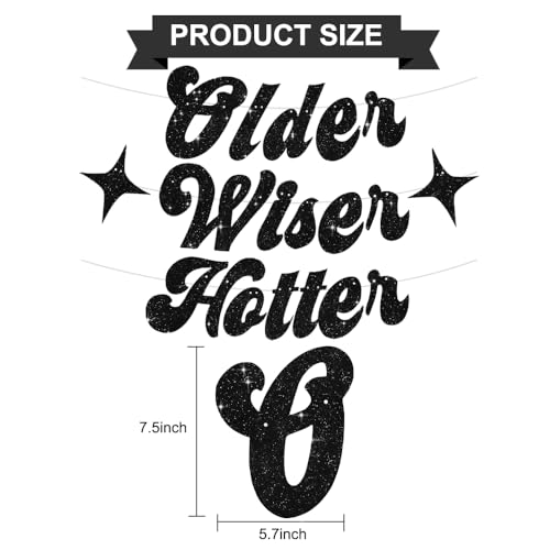 Image of BEISHIDA Glitter Black Older Wiser Hotter Banner with Star, Funny Birthday Banner 30th 40th 50th 60th 70th 80th Party Decorations