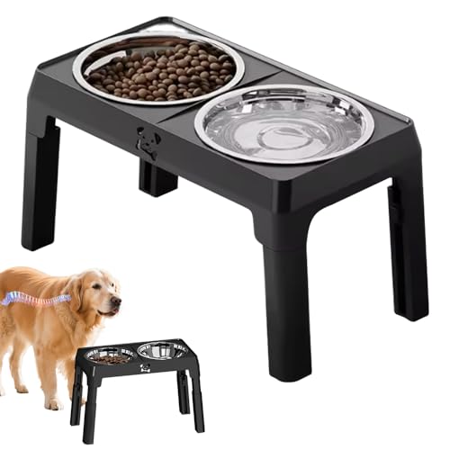 CYBRIDGE 食器台 犬 フードボウルスタンド 調節可能なスタンド付き昇降式ドッグボウル 4段階高さ調節（24.5cm/28cm/31cm/34.5cm） ペット 餌台 ステンレスボウル 食器 エサ台 ペット用昇降式食器台 コンパクト ボウル 取り外し可能 ボウル2個 給餌 水やり 折り畳んで収納 洗いやすい
