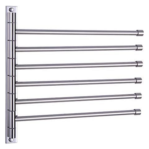 BEIGEEWY SUS304 Stainless Steel Bathroom Swing Arm Towel Bars 6-Arm Wall Mount Swing Out Towel Shelf, Polished Finish Cover