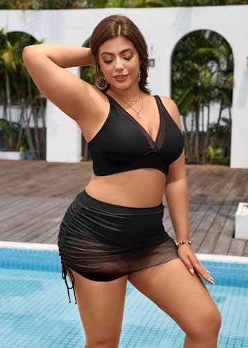 Women's Plus Size High Waisted Bikini Sets Two Piece Mesh Sarong Wraps Swimsuits4