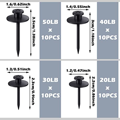 Image of Zhengmy 40 Pcs Double Headed Picture Hangers Nails 4 Size Long Thumb Tacks Wall Nails for Hanging Pictures Decorative Push Pins Hooks for Drywall Photo Office Home Decor, 20 /30 / 40 / 50lb(Black)