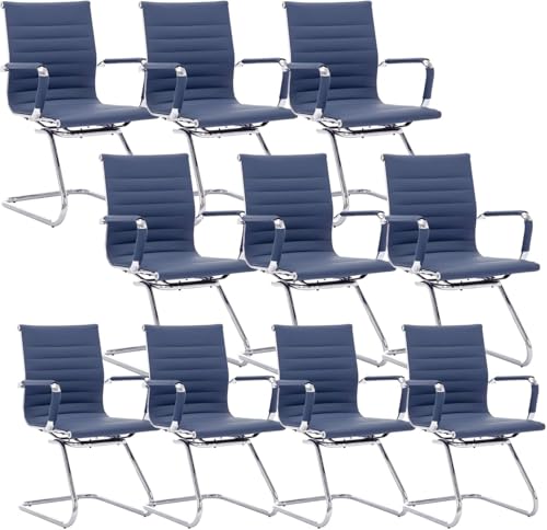 Image of HNY Leather Office Guest Chairs & Reception Chairs Set of 10, Modern Waiting Room Chairs with Arms, Desk Chair no Wheels with Sled Base for Waiting Room /Conference Room, Navy