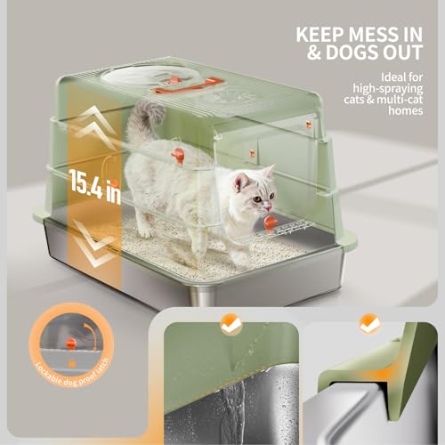 Image of Stainless Steel Cat Litter Box with Lid, Enclosed Extra Large Metal Litter Pan for Big Cats, Full Flip Cover High Sided LitterBox Include Scoop, Easy Cleaning, Non-Stick, Green