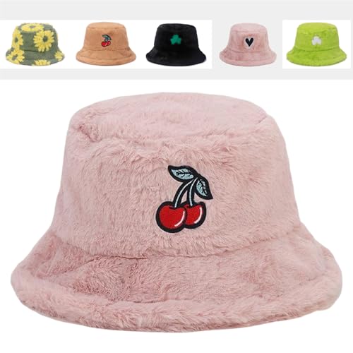 Image of Bucket Hat Women Furry Fuzzy Bucket Hats for Ladies, Winter Warm Fluffy Plush Faux Fur Hat for Women