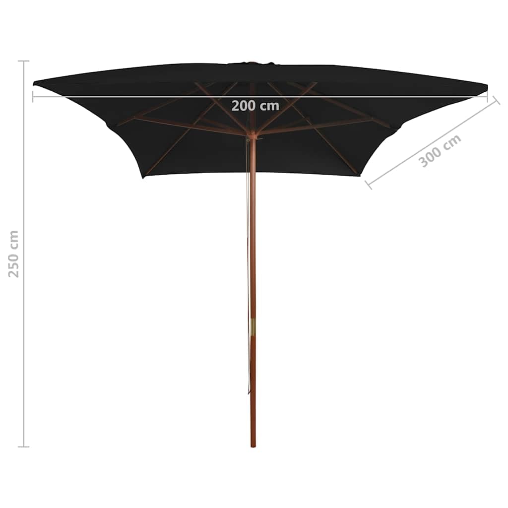 Ombrellone da giardino, 200 x 300 cm, palo in legno | Poliestere con protezione UV, meccanismo a puleggia, 6 aste, per tavolo con foro