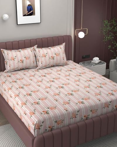 Image of 380 TC Premium Glace Cotton Elastic Fitted Bedsheet King Size with 2 Pillow Covers King Size | Double Bed with All Around Elastic (Rose Flower, Fitted - 72 inchx78 inch King)