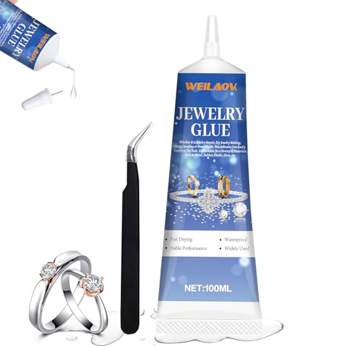 WEILAOK Pegamento para Joyería, Pegamento Fuerte para Joyería Incluye Pinzas y una Punta Fina, Perfecta para La Unión Precisa de Perlas, Gemas y Más, 100ML