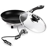 ZONETECH 12V Frying Pan with Glass Lid Portable Non-Stick 7.5-inch Stay-Cool Handles, Rapid Heat Up, Perfect For Camping, Picnic and more