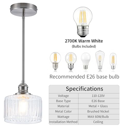 Image of MAYNA 1 Pack Modern Pendant Light with Clear Striped Glass Lmapshade, Brushed Nickel Vintage Pendant Light Fixtures, Adjustable Hanging Light for Kitchen Island Dining Room Hallway(Bulb Included)