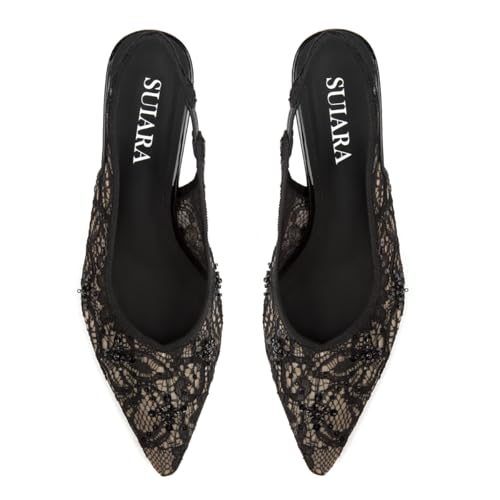 Image of Slingback Wedding Heels for Women Bridal Lace Mesh Kitten Heel Closed Pointed Toe Pearl Pumps Shoes