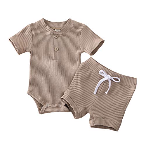Baby Unisex Clothes, Top with Pants Set 2 Piece Outfit, Organic Cotton Clothing Set for Infant Baby Boys Girls (Brown Onesie Shorts Set, 12-18 Months)