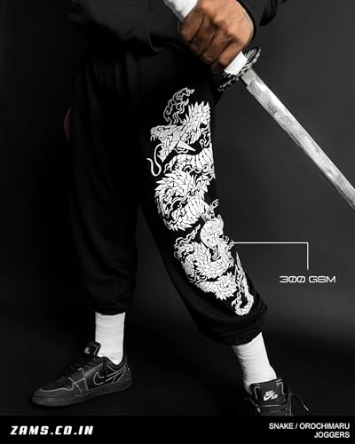 Image of ZAMS Snake /Orochimaru /Printed Joggers: Unisex Anime Baggy Fit Track Pants Black Color- Perfect for Men and Women.
